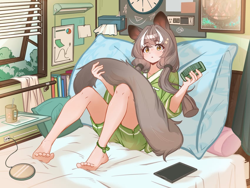 明日方舟、蜜莓 (明日方舟) 1名女孩 脚链 赤脚 脸红 棕发