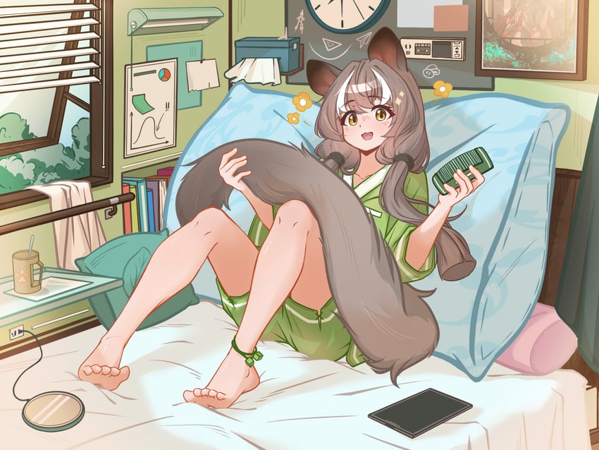 明日方舟、蜜莓 (明日方舟) 1名女孩 脚链 赤脚 脸红 棕发