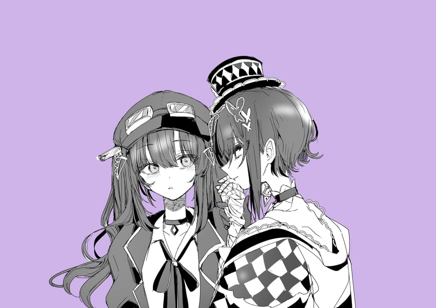 魔法少女的小镇审判、宝钟玛歌、黑部奈乃花 2名女孩 露肩 黑色项圈 黑色大衣 黑色连衣裙