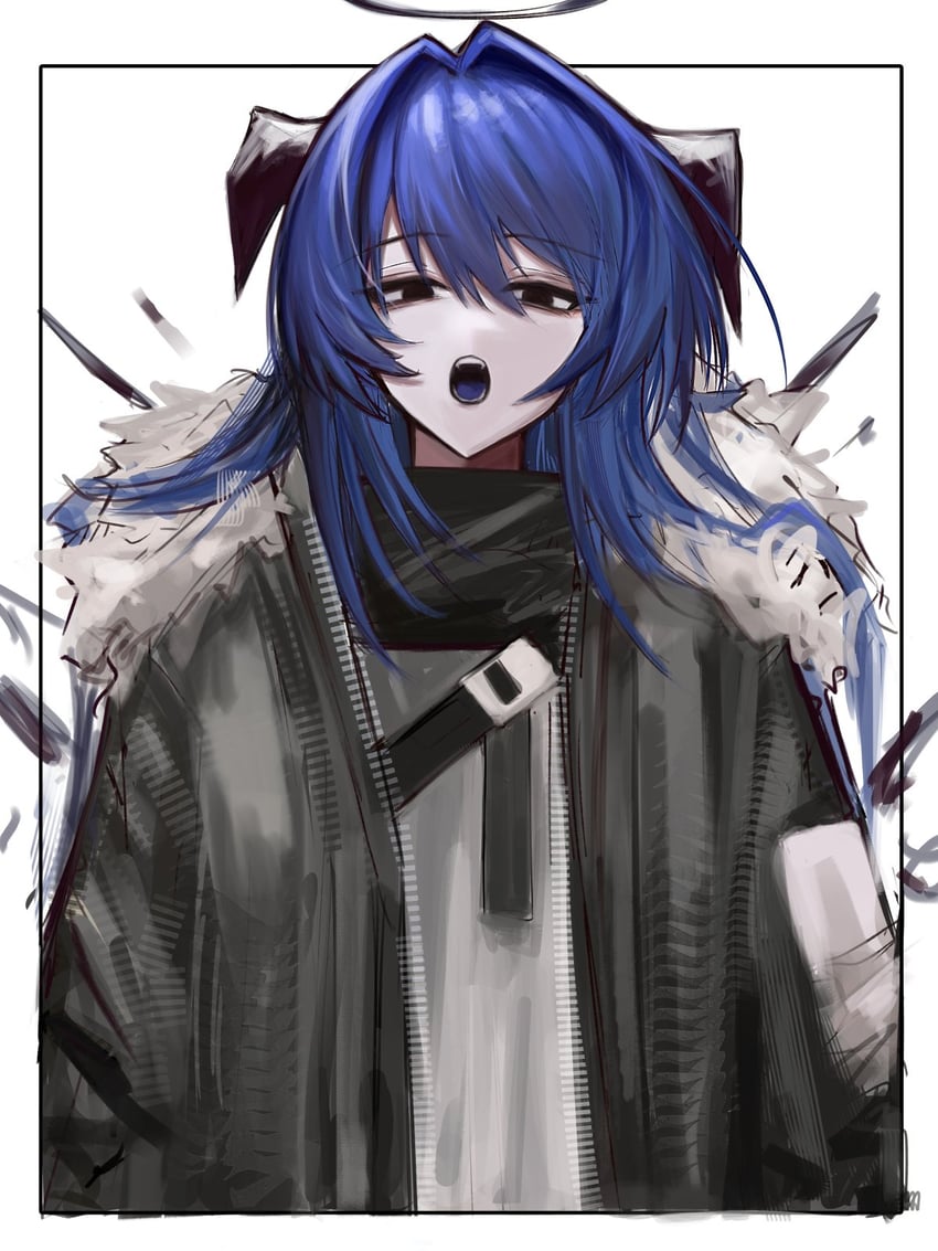 明日方舟、莫斯提马 (明日方舟) 1名女孩 黑框 黑瞳 黑色夹克 黑色围巾