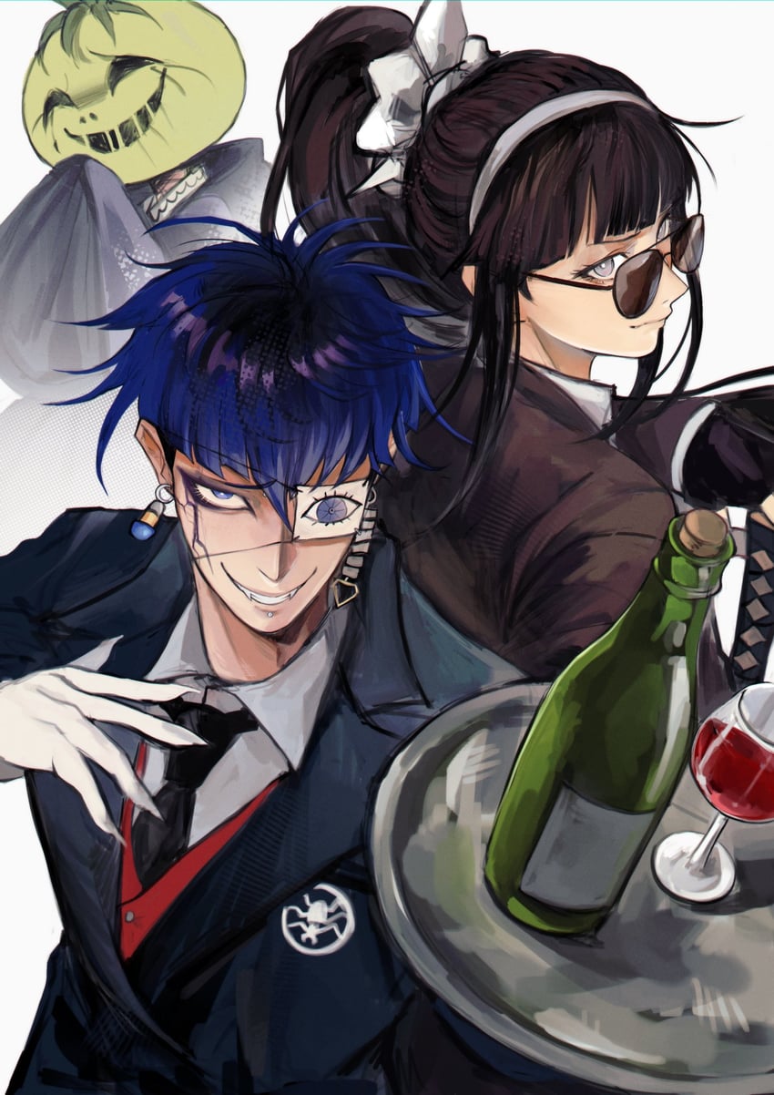 百日战线 -最终防卫学园-、曲鸟虚子、面影歪 1名男孩 2名女孩 酒 动物花纹 黑色眼影