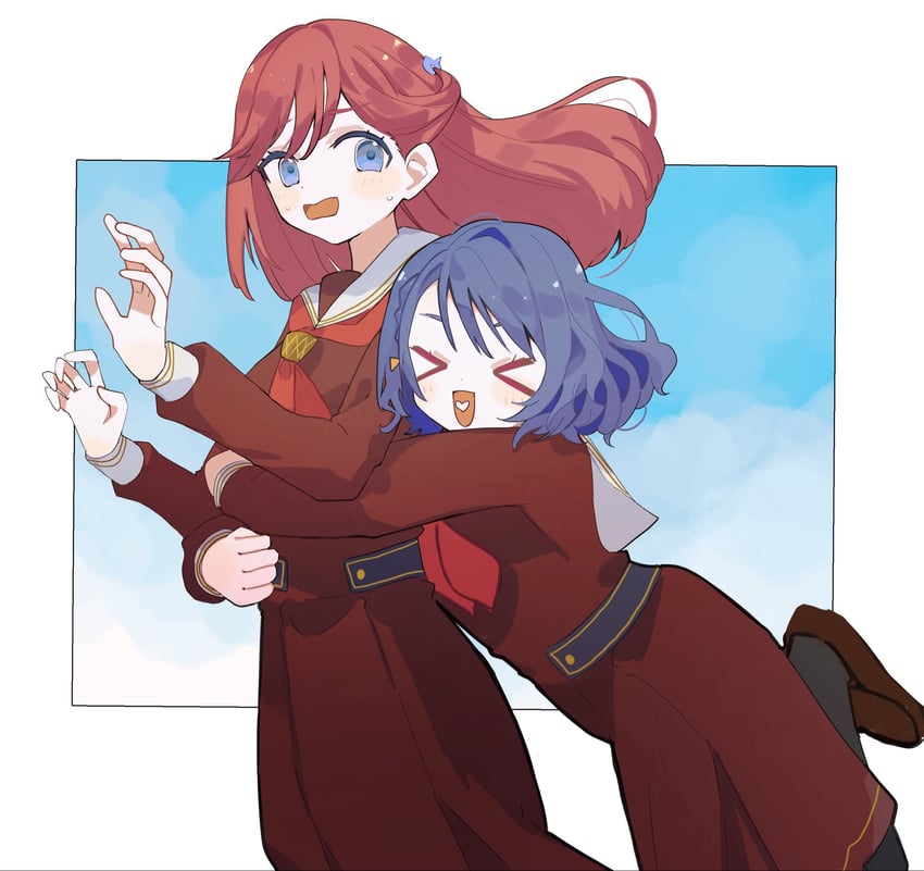 Love Live!、Love Live! 莲之空女学院学园偶像部、金城舞衣香 2名女孩 :D 闭眼挤眼 双手搂着他人的腰 黑色连裤袜