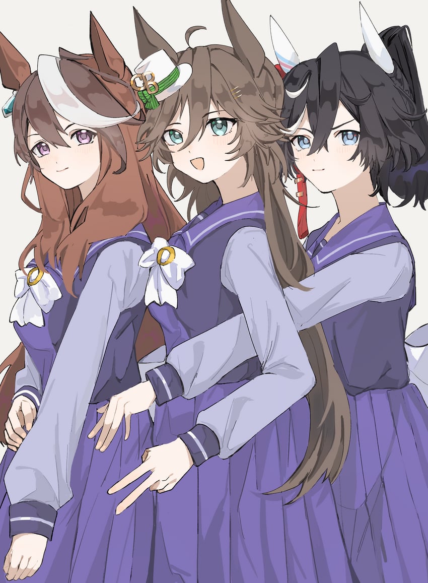 赛马娘、葛城王牌 (赛马娘)、千明代表 (赛马娘) 3人女子 呆毛 兽耳 黑发 蓝眼