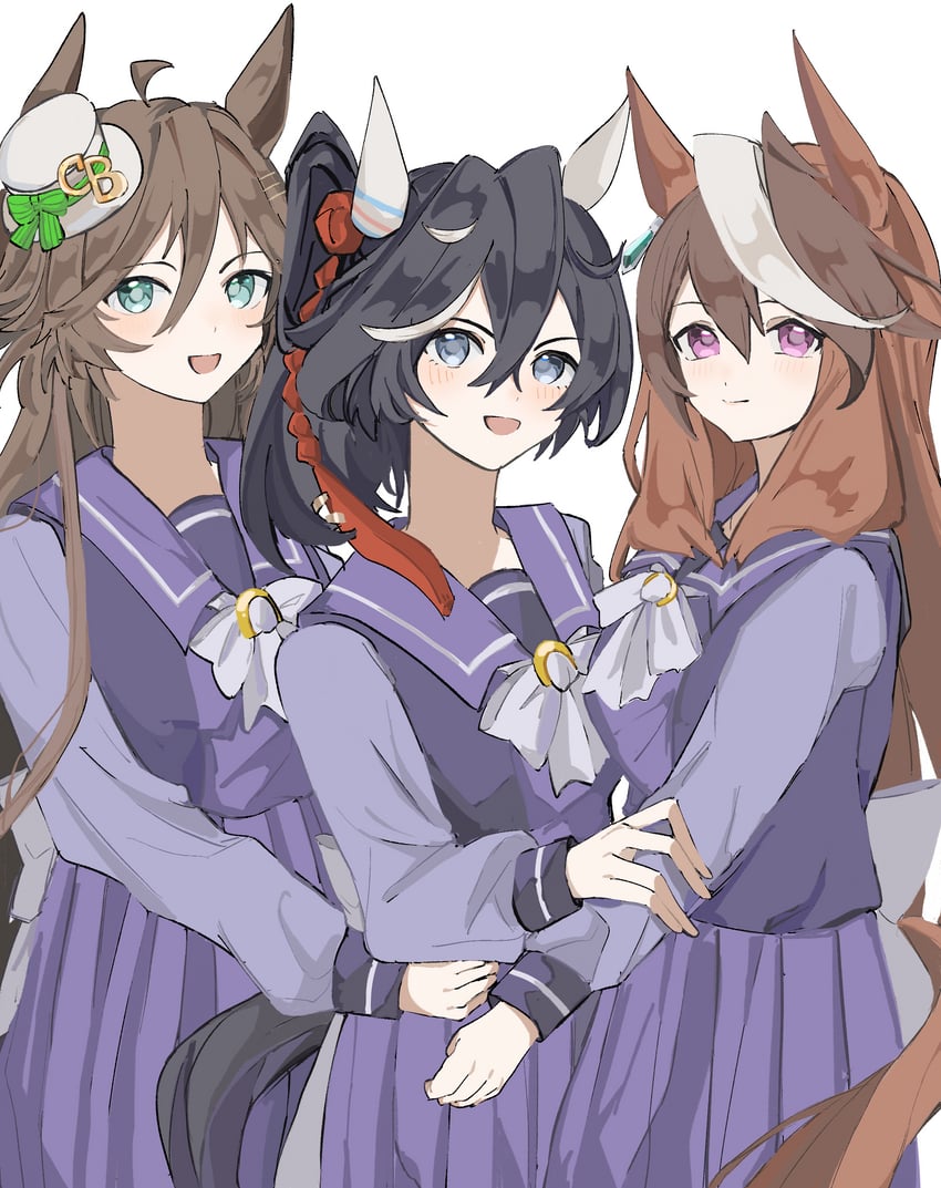 赛马娘、葛城王牌 (赛马娘)、千明代表 (赛马娘) 3人女子 呆毛 兽耳 黑发 蓝眼