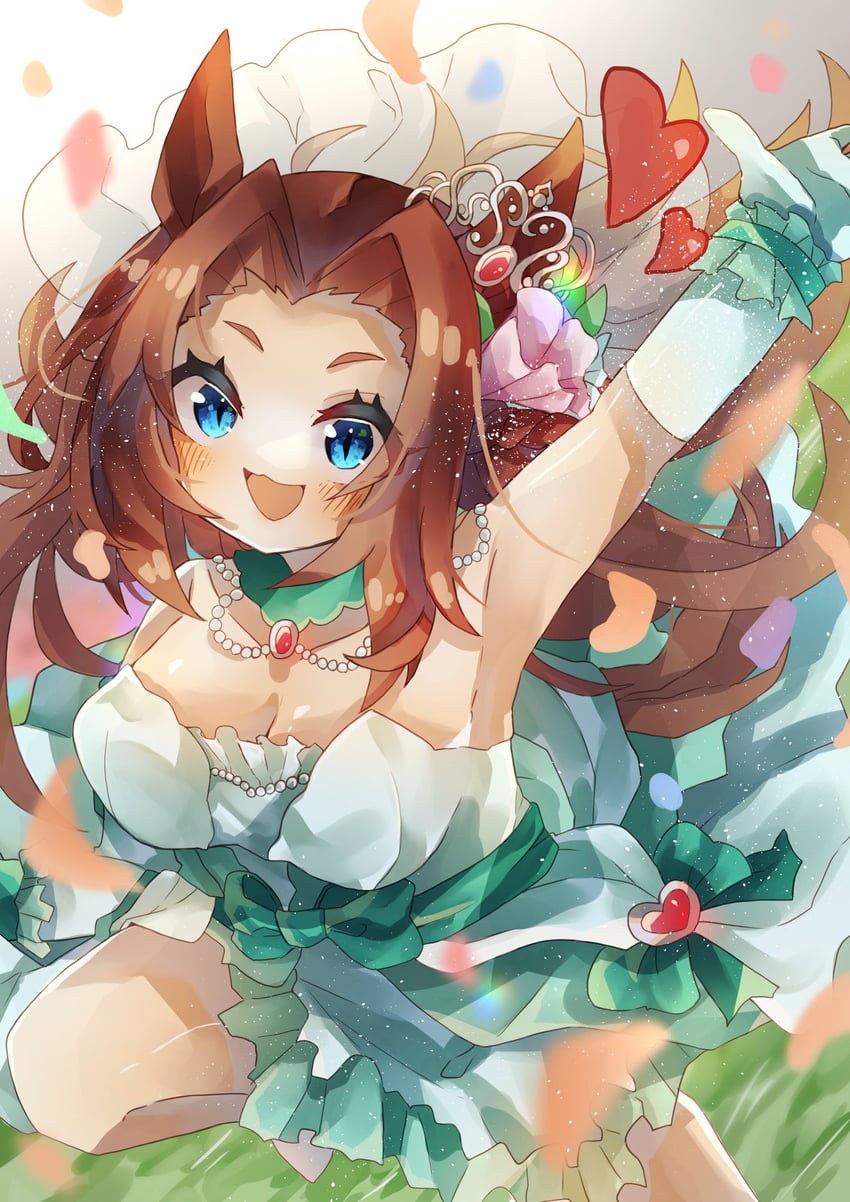 赛马娘、河上公主 (落跑新娘) (赛马娘)、川上公主 兽耳 水色束身衣 水蓝色手套 水蓝色腕带 腋下