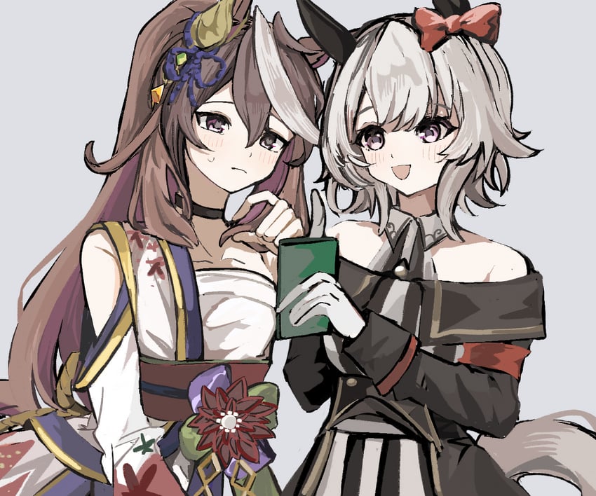 赛马娘、真机伶 (闪耀之星) (赛马娘)、真机伶 (赛马娘) 2名女孩 兽耳 露肩 黑色项圈 脸红