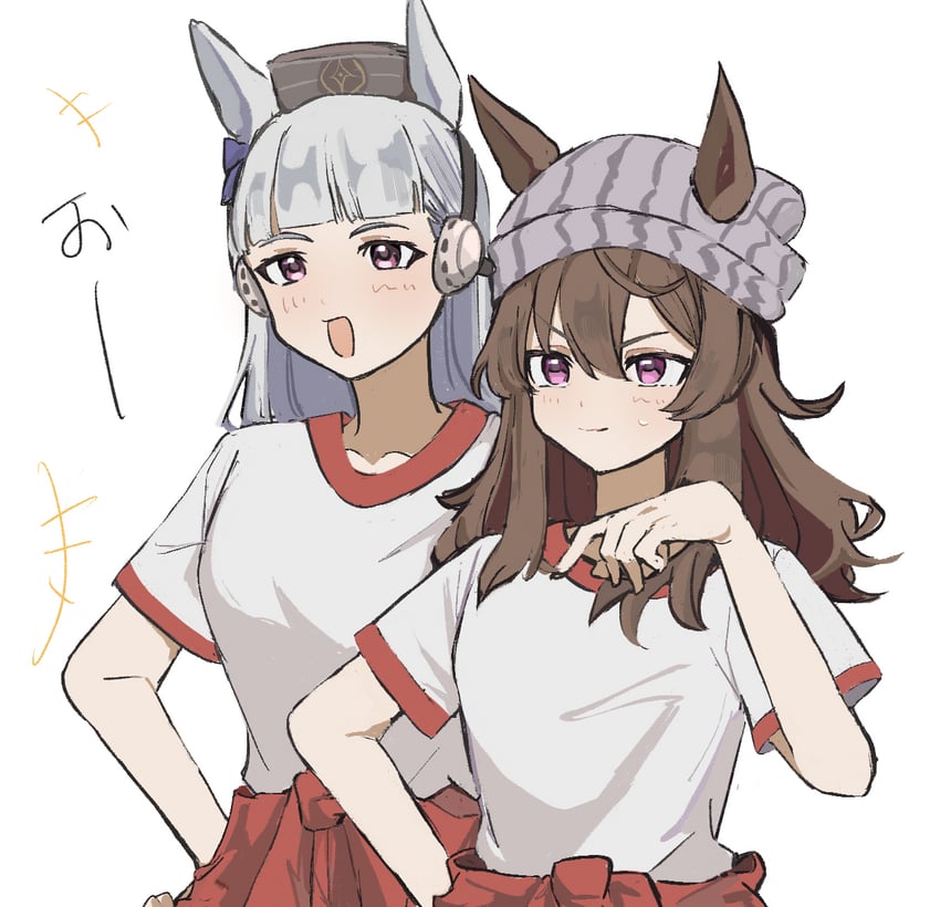 赛马娘、黄金船 (赛马娘)、中山庆典 (赛马娘) 2名女孩 兽耳 针织帽 齐刘海 脸红