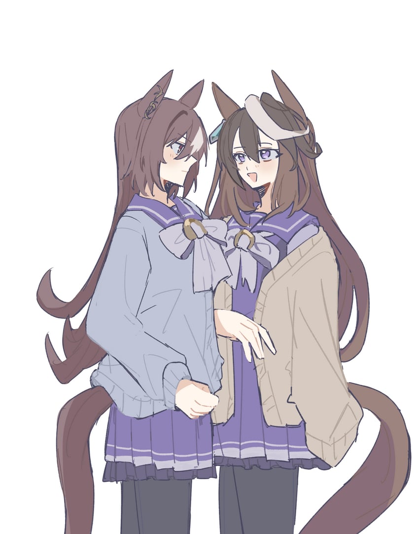 赛马娘、天狼星象征(赛马娘)、鲁道夫象征 (赛马娘) 2名女孩 兽耳 黑色连裤袜 蓝色针织衫 脸红
