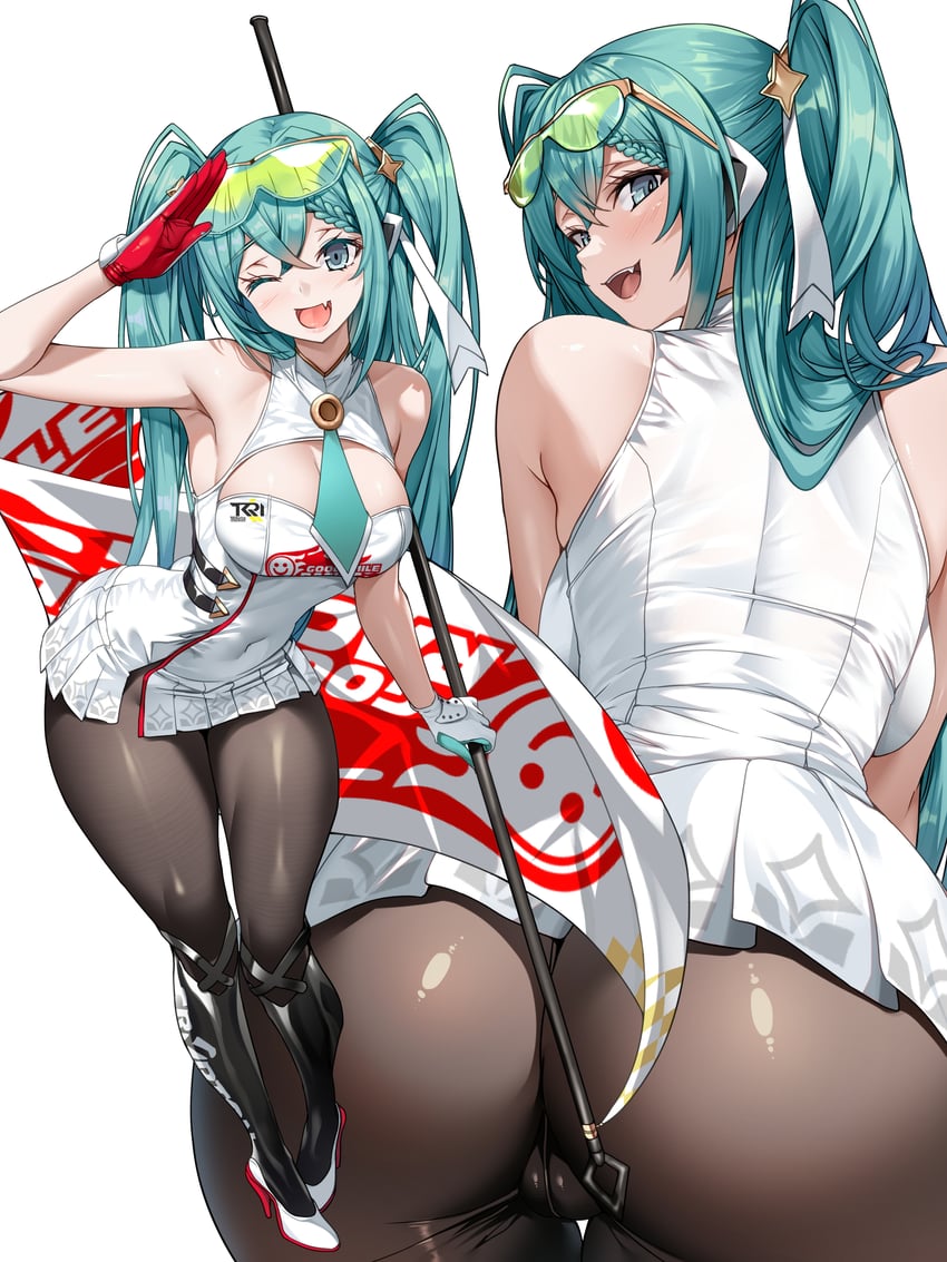VOCALOID、初音未来 1名女孩 水色瞳 水色发 水蓝色领带 屁股