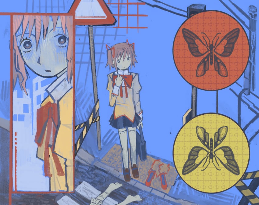 魔法少女小圆、鹿目圆、鹿目圆 (魔法少女) 包 赤脚 黑色裙子 灯笼裤 蓝色背景