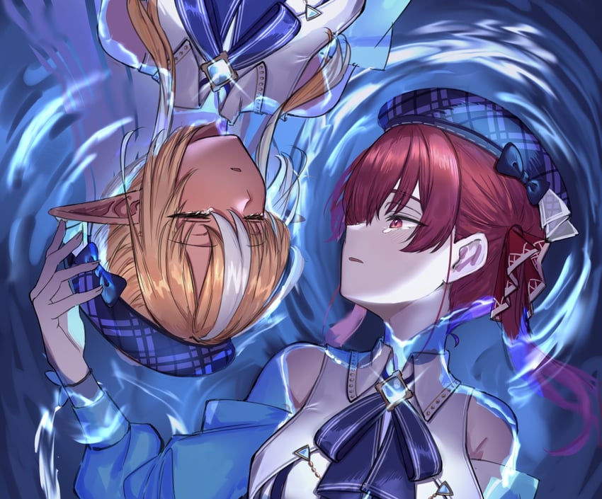 Hololive、宝钟玛琳、不知火芙蕾雅 2名女孩 漂浮 贝雷帽 金发 蓝色蝴蝶结
