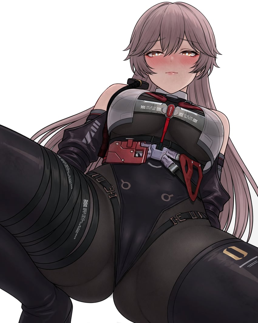 少女前线、少女前线2：追放、闪电 (少女前线2：追放) 1名女孩 双手背在身后 黑色全身袜 脸红 靴子