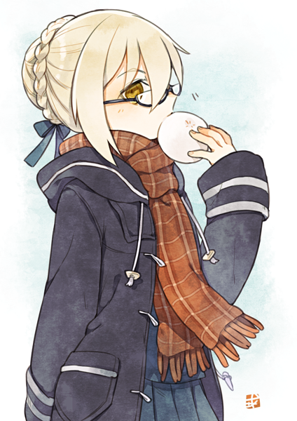 Fate/Grand Order、Fate系列、阿尔托莉雅·潘德拉贡 (Fate) 1名女孩 黑框眼镜 黑色夹克 金发 蓝裙子