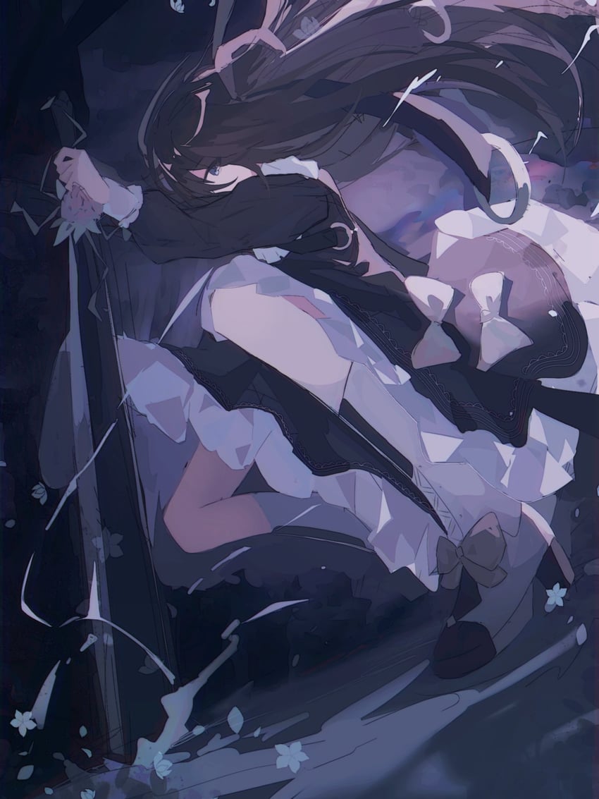 韵律源点 Arcaea、对立 (Arcaea)、对立（Axium）（音弧） 1名女孩 黑色连衣裙 黑发 蓝眼 蝴蝶结