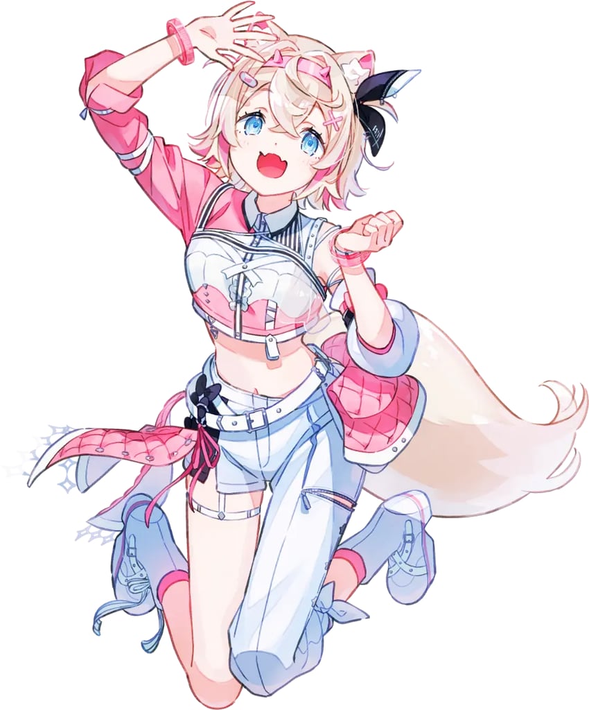 Hololive、Hololive英语、摩可可·阿比斯嘉德 1名女孩 :D 兽耳 举手 不对称服装