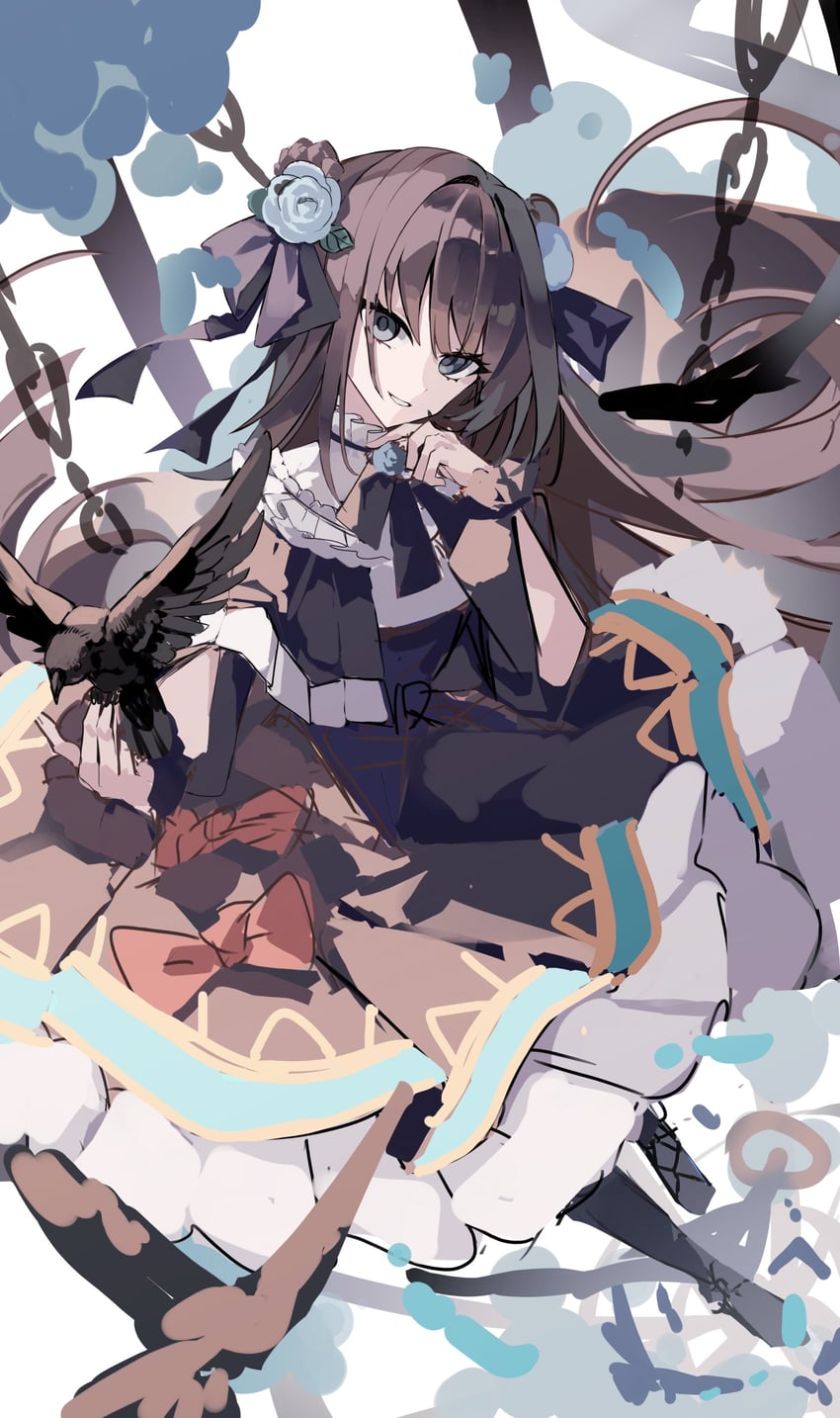 韵律源点 Arcaea、对立 (Arcaea)、对立 (Grievous Lady) (Arcaea) 1名女孩 露肩设计 围兜领 鸟 黑色蝴蝶结