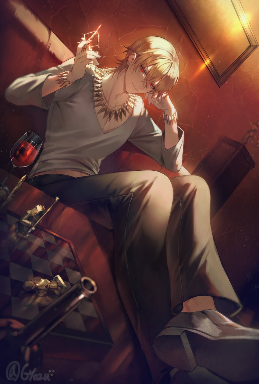 Fate/Zero、Fate系列、吉尔伽美什 (私服) (Fate/Zero) 1名男孩 酒 黑裤子 金发 模糊