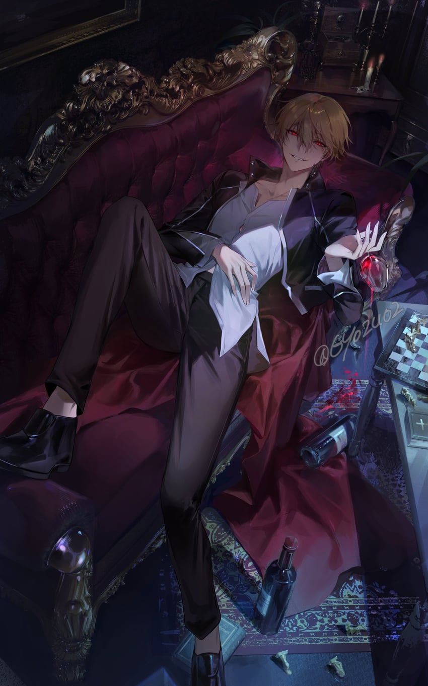 Fate/stay night、Fate系列、吉尔伽美什 (Fate) 1名男孩 酒 黑色夹克 黑裤子 黑鞋