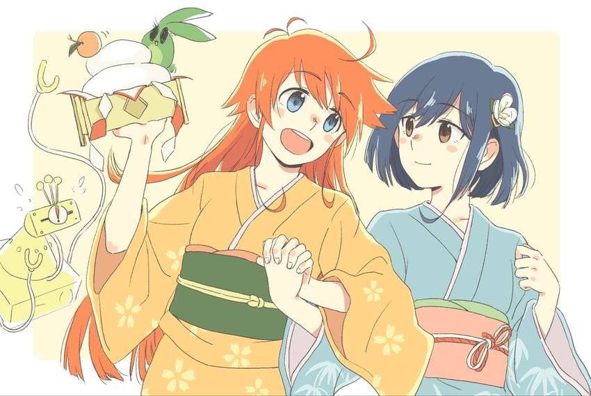 轻拍翻转小魔女、心峰可可奈、帕皮卡 (轻拍翻转小魔女) 2名女孩 蓝眼 蓝色和服 腮红贴纸 边框