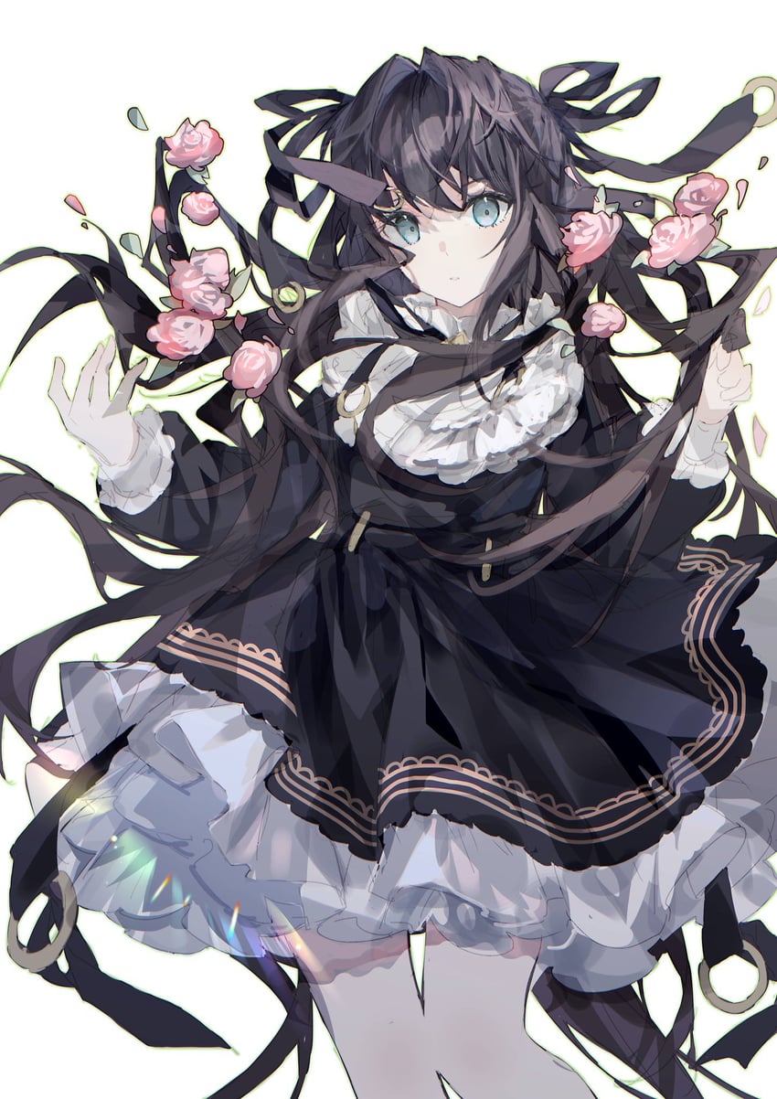 韵律源点 Arcaea、对立 (Arcaea)、对立（Axium）（音弧） 1名女孩 围兜领 黑色连衣裙 黑发 蓝眼