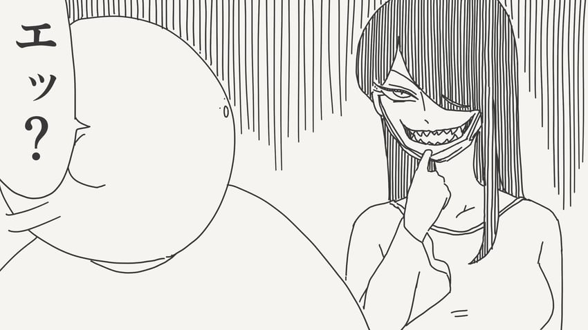 日本都市传说、裂口女 1名男孩 1名女孩 惊讶 秃头 黑暗