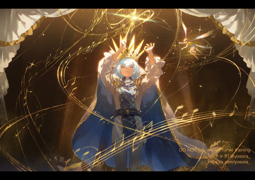 暗喻幻想：ReFantazio、加利卡 (暗喻幻想)、主角 (暗喻幻想) 1名男孩 1名女孩 举起双手 阿斯科特领巾 蓝发