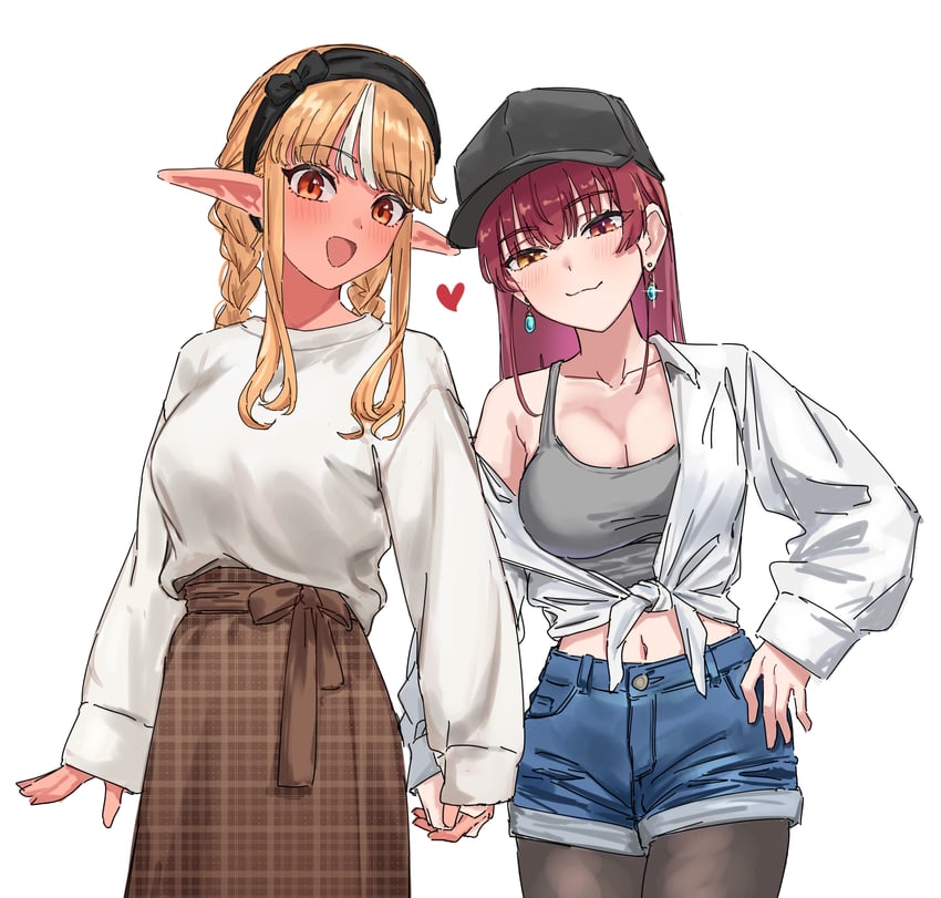 Hololive、宝钟玛琳、不知火芙蕾雅 2名女孩 猫脸笑 :D 替换服装 不同发型
