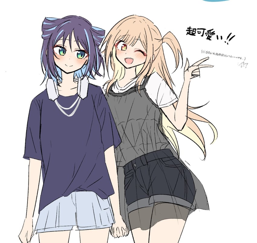 超辉夜姬!、辉夜 (超辉夜姬!)、坂寄伊吕波 2名女孩 黑色连衣裙 血 蓝发 蓝色衬衫