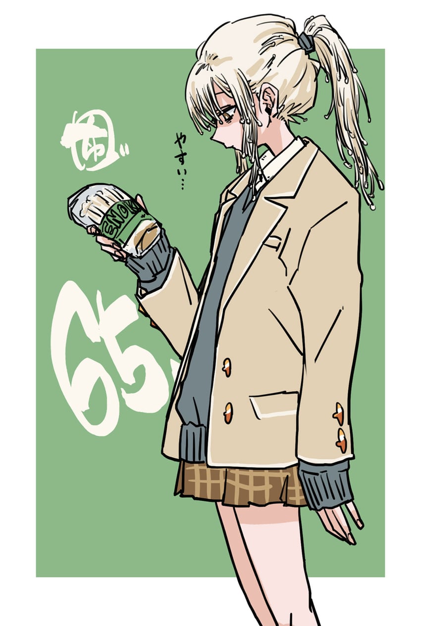 原创 1名女孩 棕眼睛 牛仔镜头 金针菇 绿色背景