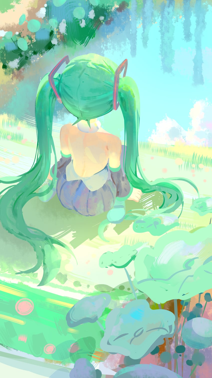 VOCALOID、初音未来 1名女孩 水色发 露背 裸背 黑色裙子