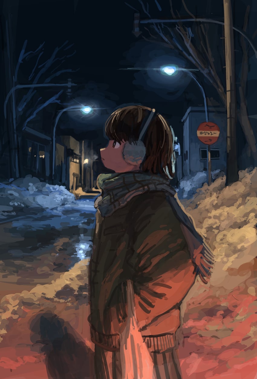 原创 1名女孩 包 枯树 黑色天空 棕色外套