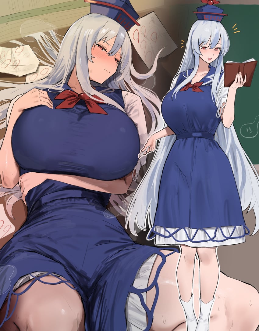 东方Project、上白泽慧音 1名女孩 异形乳量 (大) 手臂托在乳房下 蓝色连衣裙 蓝帽子
