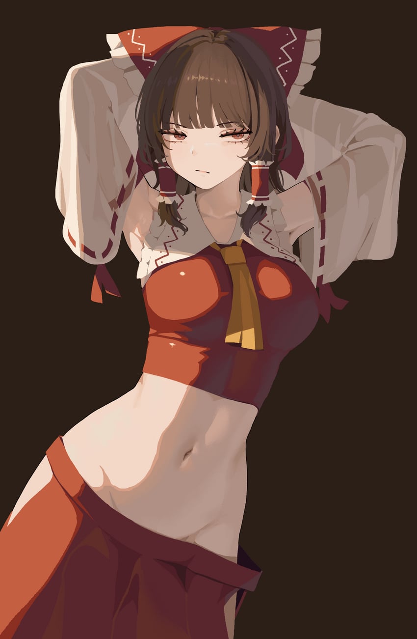 东方Project、博丽灵梦 1名女孩 改装服装 举起双手 阿斯科特领巾 乳间阿斯科特领带