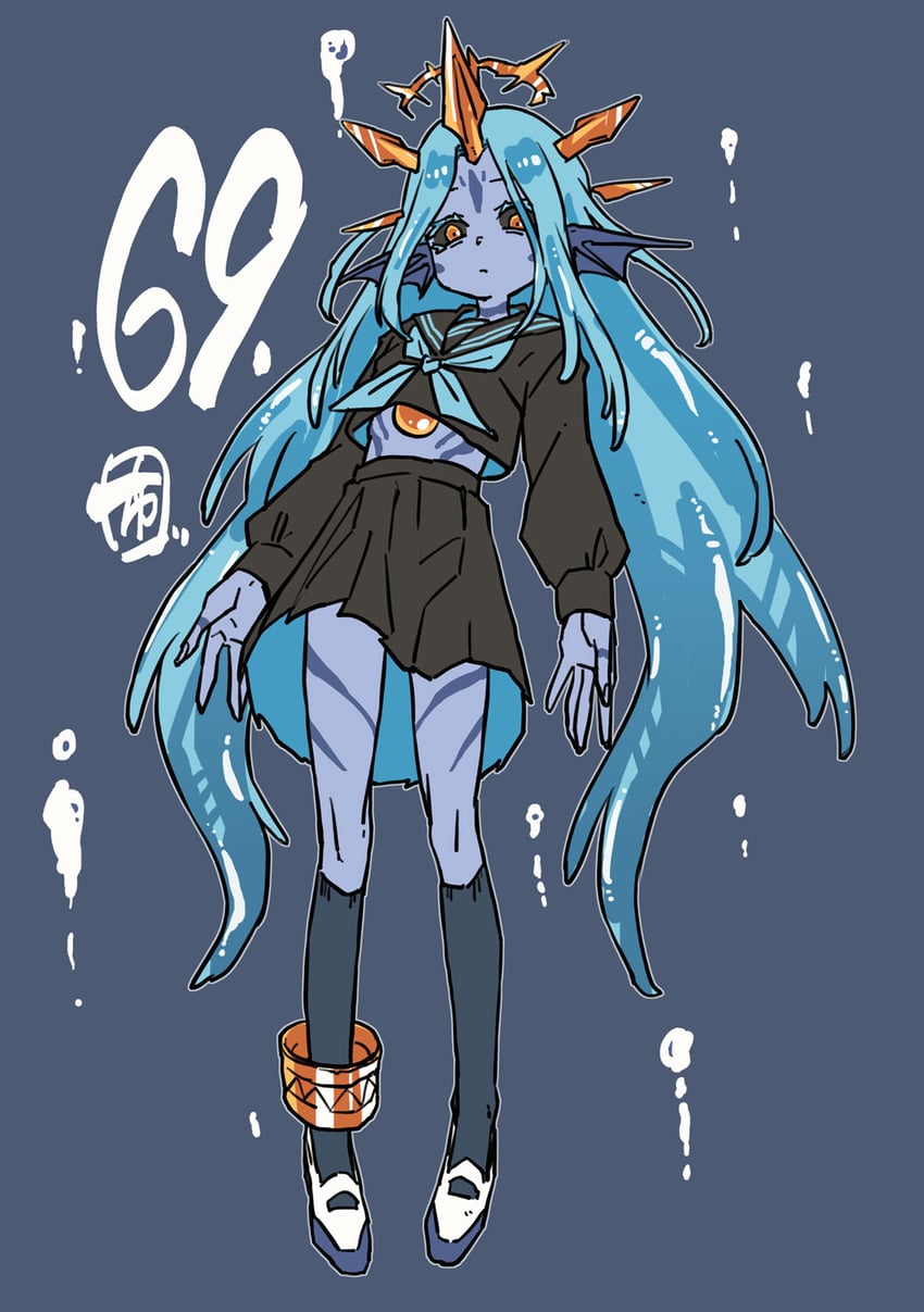 原创 1名女孩 气泡 黑色水手服 蓝色背景 蓝发