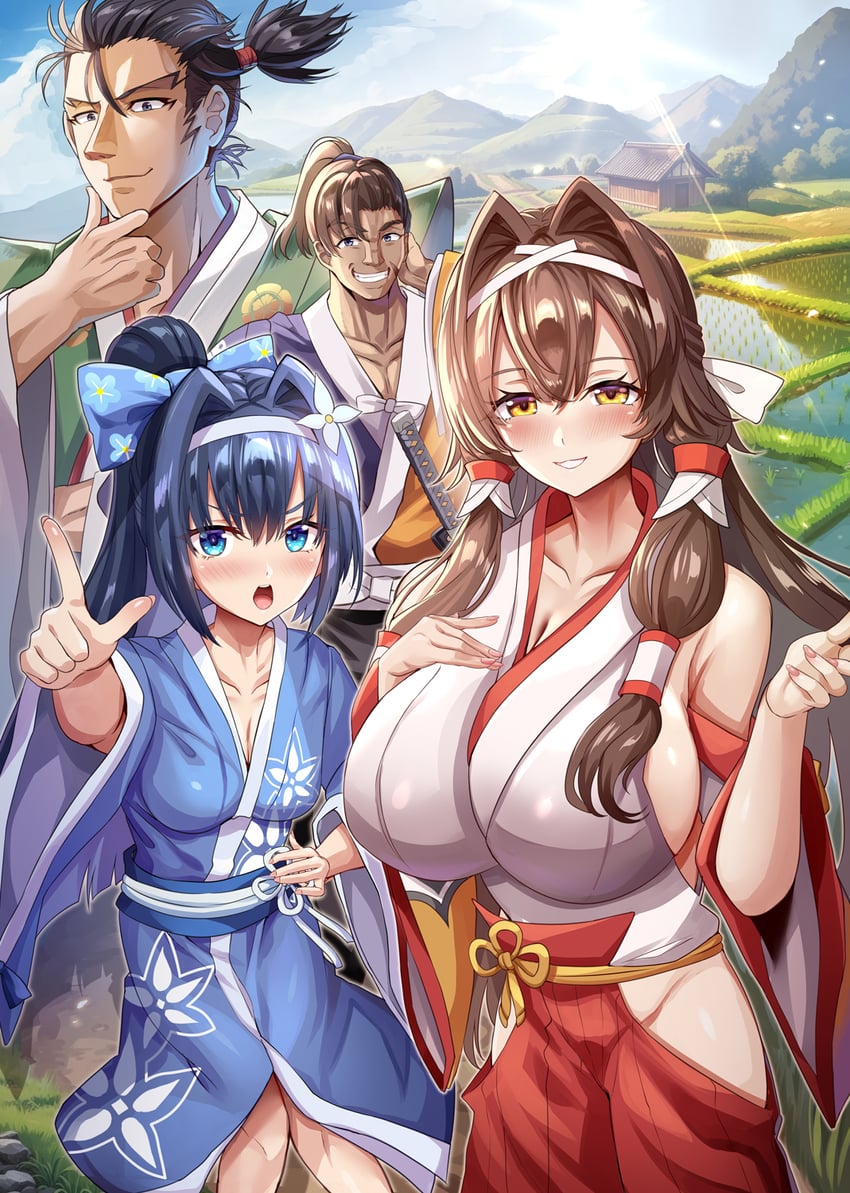 二次元插画 2个男孩 2名女孩 黑发 蓝色蝴蝶结 蓝眼