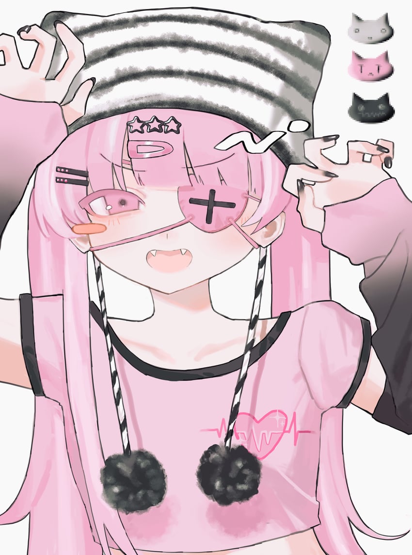 原创 1名女孩 针织帽 黑色指甲 腮红贴纸 心电图