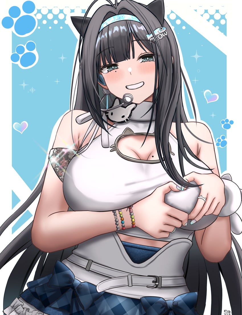 胜利女神：妮姬、薄荷 (妮姬) 1名女孩 异形乳量 (大) 黑发 蓝色发带 脸红