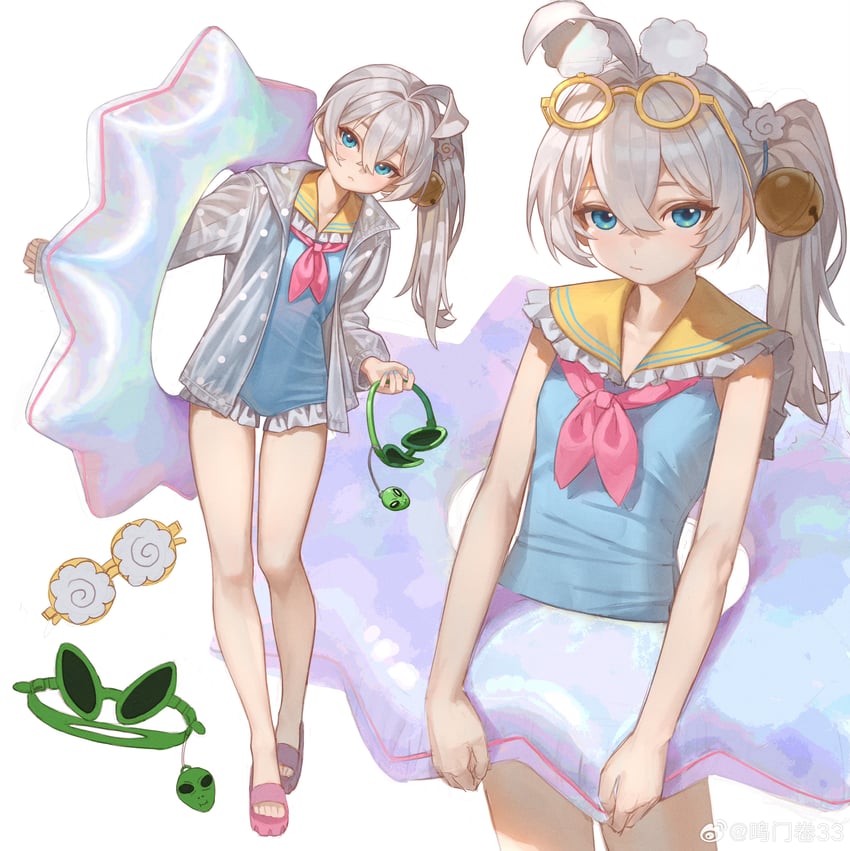 原创、微博 1名女孩 呆毛 铃铛 蓝眼 蓝色指甲