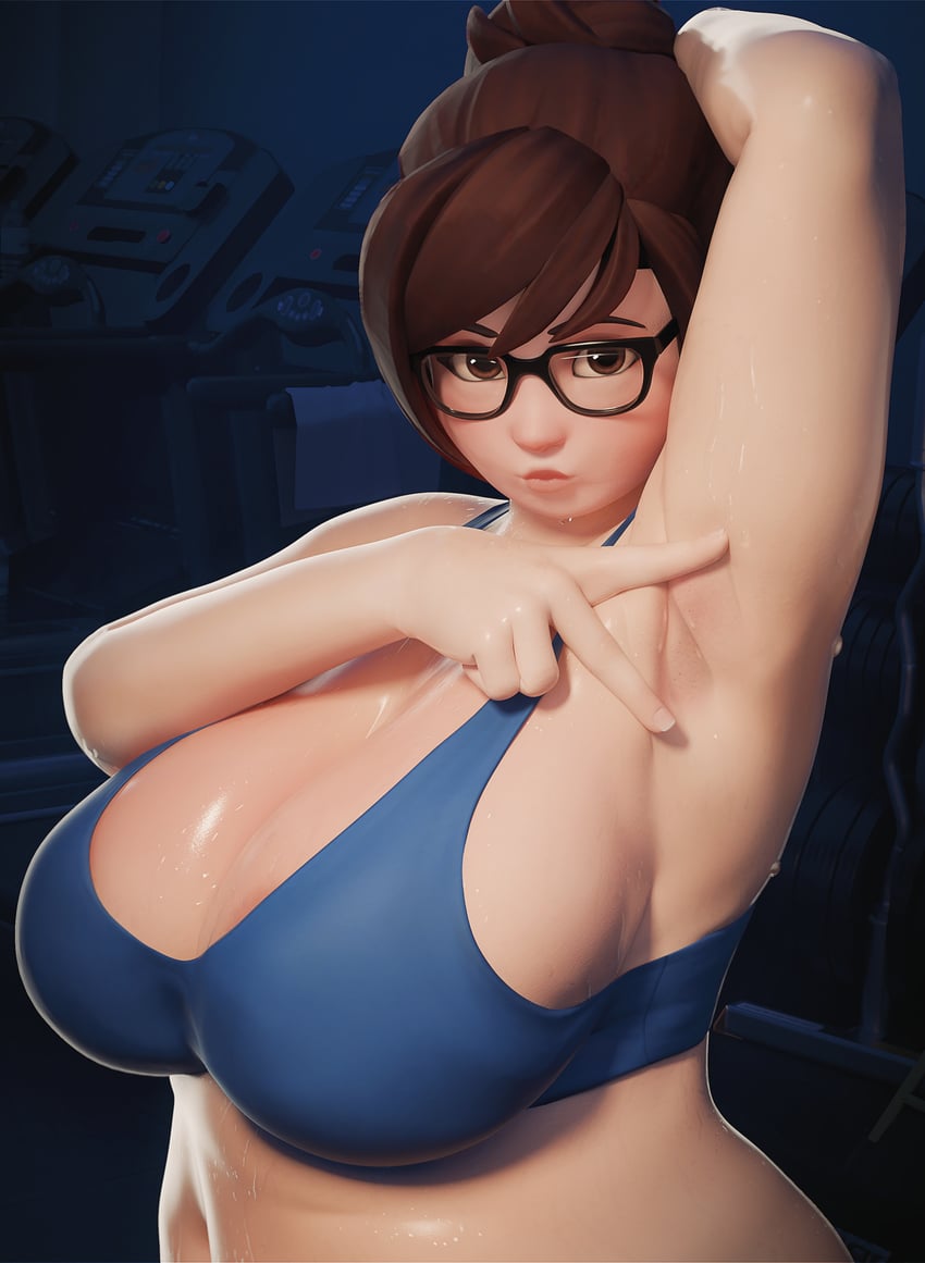 守望先锋、小美 (守望先锋) 1名女孩 3D 举手 腋下 黑框眼镜