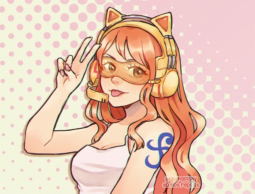 海贼王、娜美 (海贼王) 1名女孩 兽耳耳机 兽耳 乳房 猫耳耳机