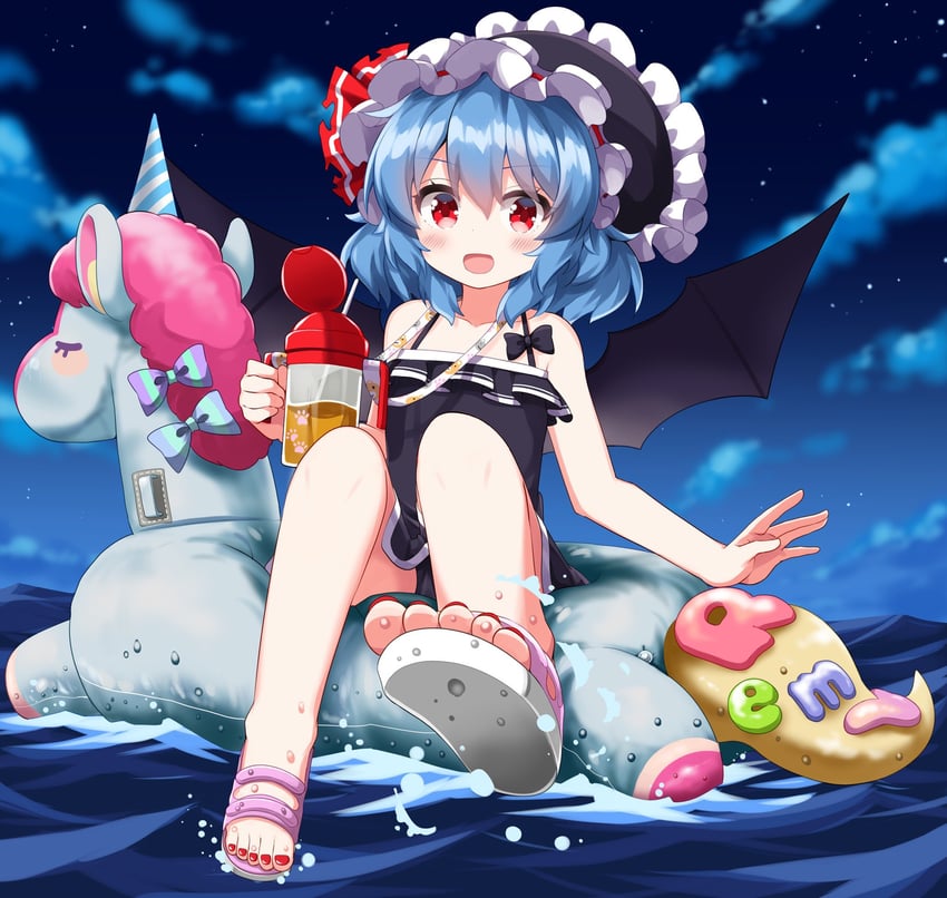 东方Project、蕾米莉亚·斯卡蕾特、蕾米莉亚·斯卡蕾特（小恶魔大小姐的假期） 1名女孩 替换服装 大麦茶 蝙蝠翅膀 黑色软帽