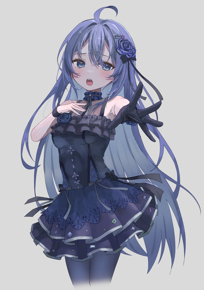 个人势虚拟主播、矢矢麦 (VTuber) 1名女孩 呆毛 露肩 黑色连衣裙 黑色手套