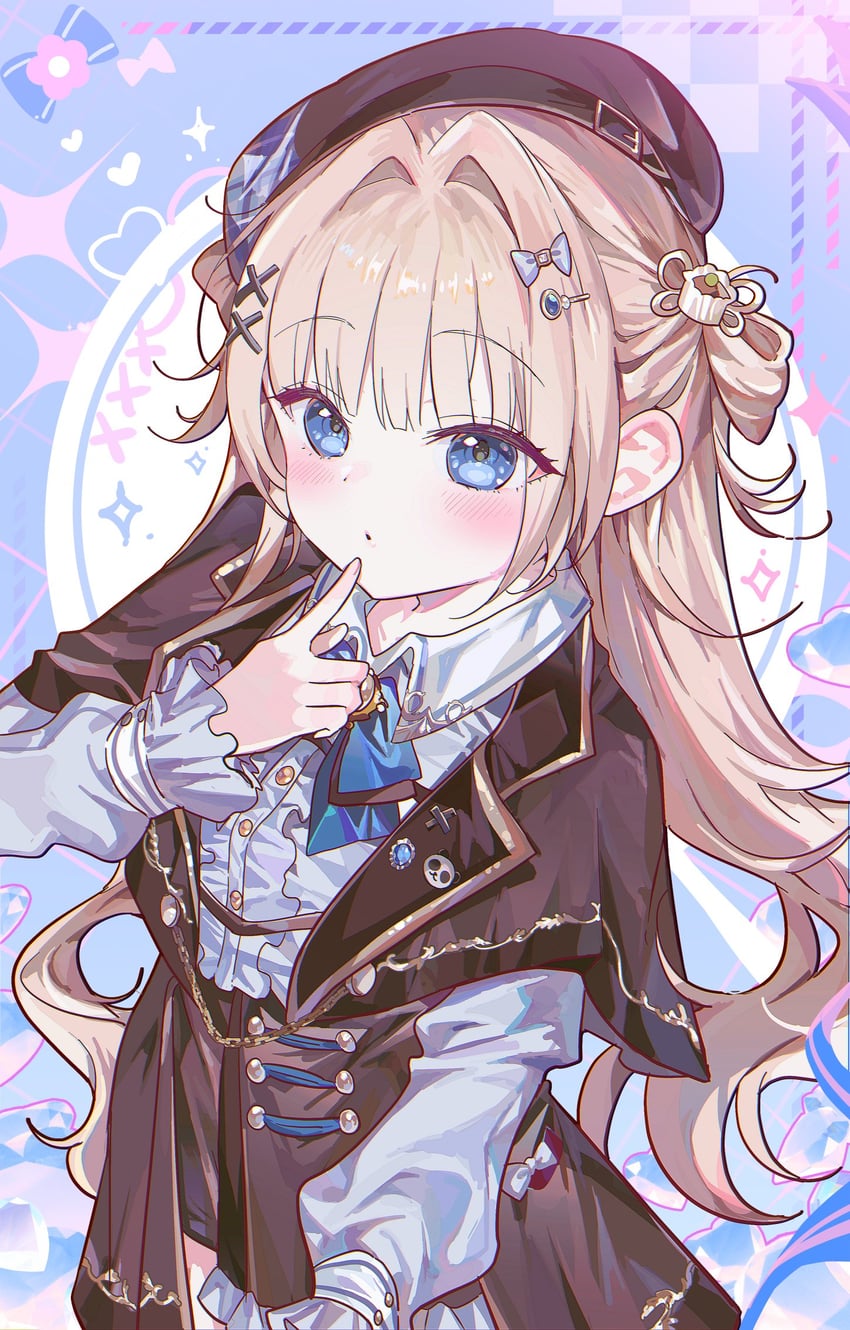 个人势虚拟主播、矢矢麦 (VTuber) 1名女孩 贝雷帽 金发 蓝色蝴蝶结 蓝色领结