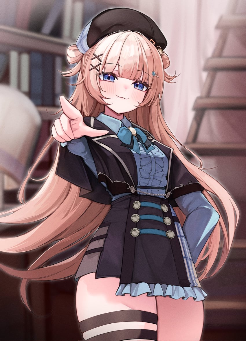 个人势虚拟主播、矢矢麦 (VTuber) 1名女孩 贝雷帽 金发 蓝色蝴蝶结 蓝色领结