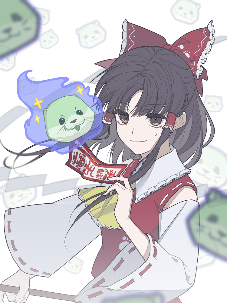 东方Project、东方鬼形兽、博丽灵梦 1名女孩 阿斯科特领巾 指缝 蝴蝶结 棕眼睛
