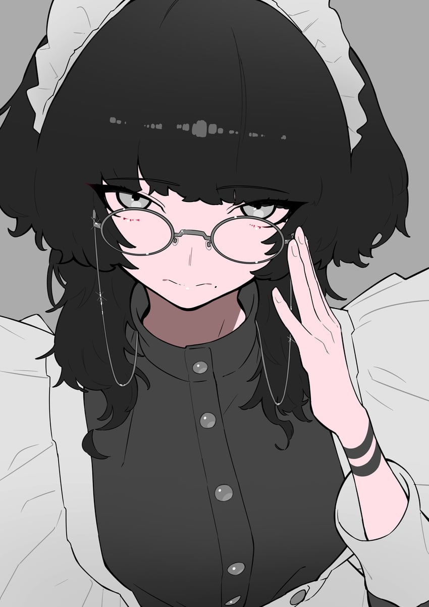 原创 1名女孩 调整眼镜 黑色连衣裙 黑发 连衣裙