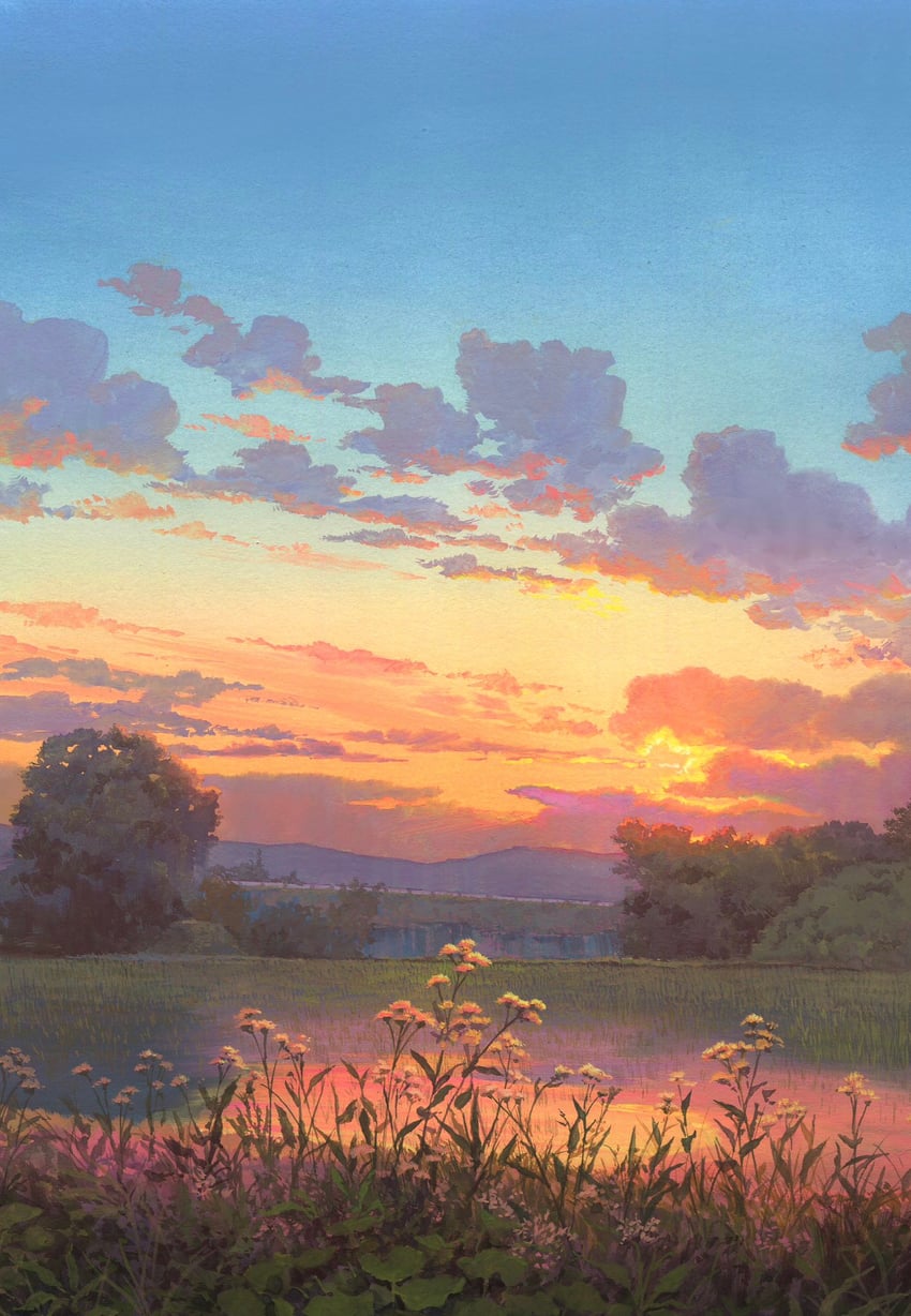 原创 蓝天 云 花 渐变天空 草地