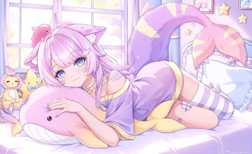 二次元插画 1名女孩 兽耳毛 兽耳 创可贴 腿上的创可贴