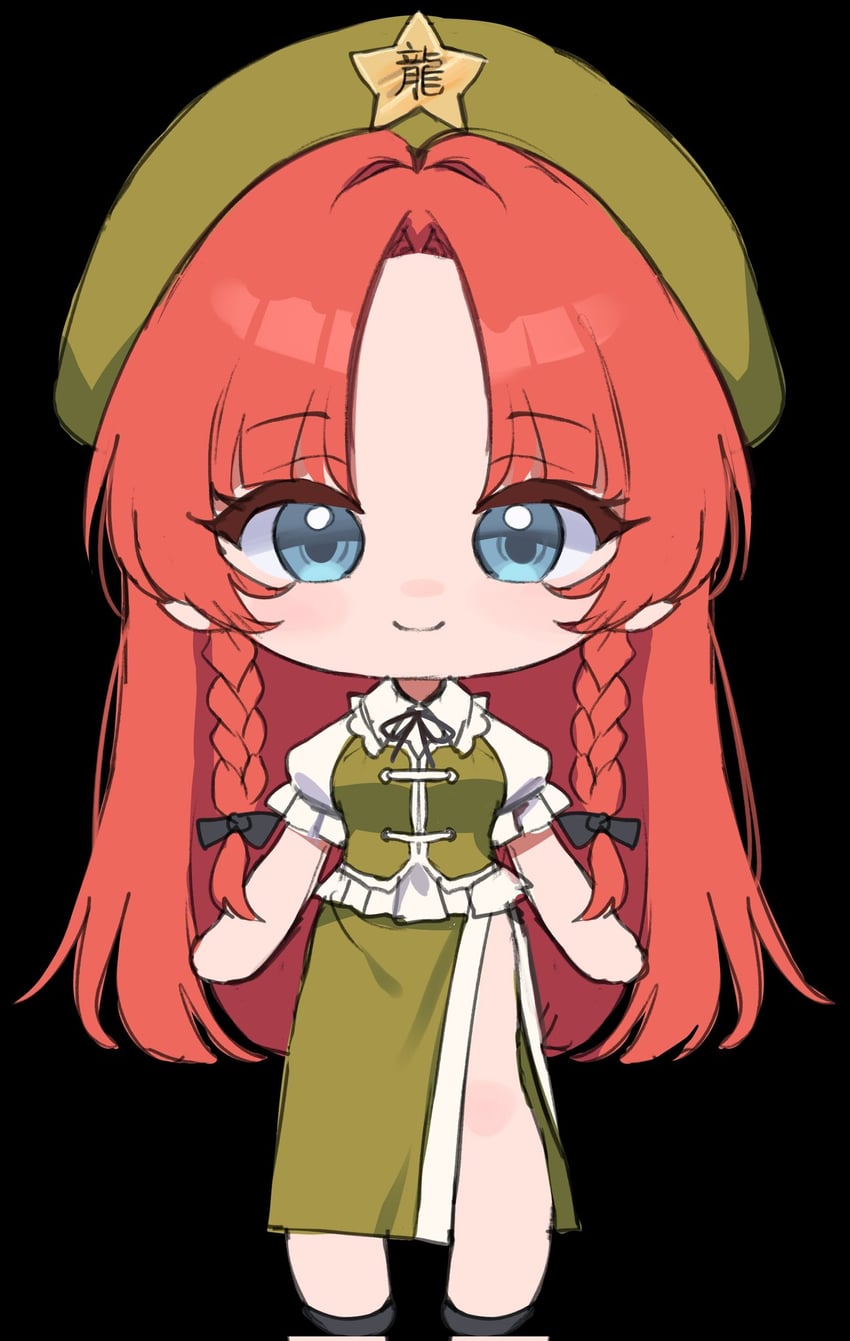 东方Project、红美铃 1名女孩 贝雷帽 黑色背景 黑色蝴蝶结 黑色丝带