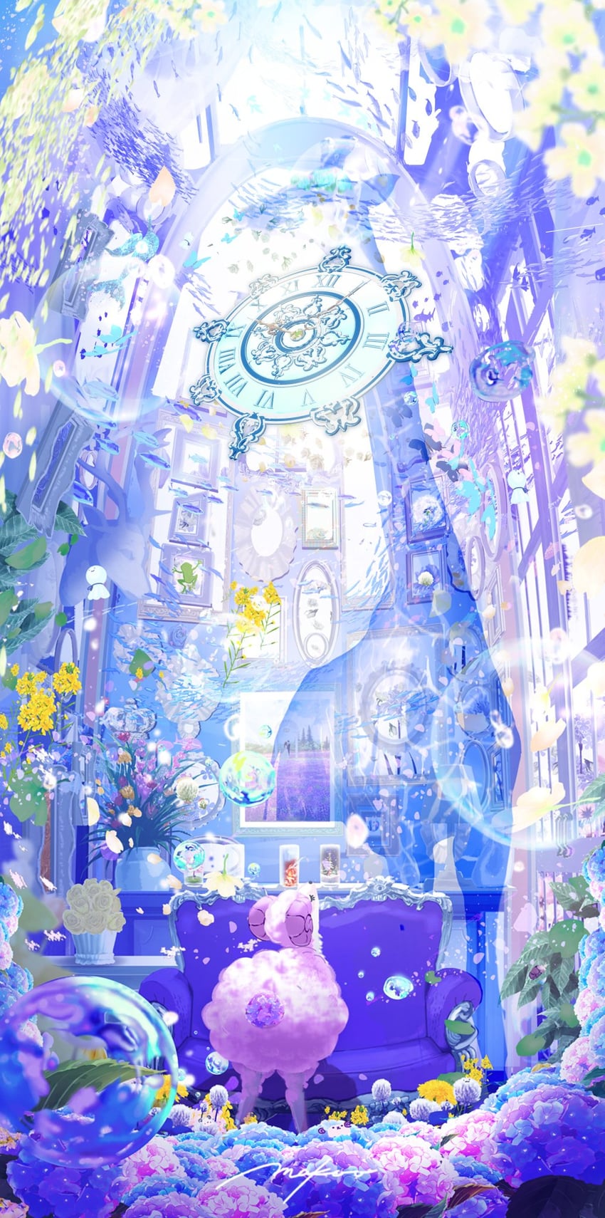 原创 指针时钟 蓝蝴蝶 蓝花 气泡 虫子